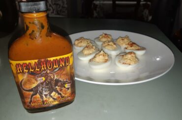 Some deviled eggs using Hellhound Ghost Pepper Sauce instead of regular mustard. Great sauce btw.