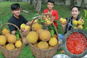 Picnic time under santol tree - Pick santol fruit eating with spicy chili salt - So fresh and relax