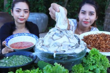 Yummy cooking eat delicious Raw Oyster with chili sauce recipe - eating Oysters