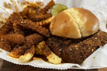 Brave Idiot’s Hot Chicken Sandwich and fries (Part the Red Sea hot)