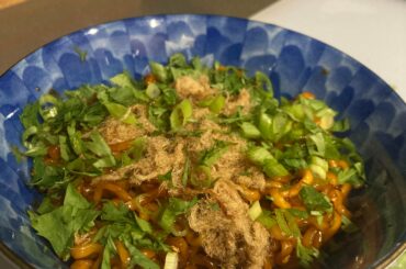 Samyang 2x with rung yang pork fu (Korean “pork floss”)