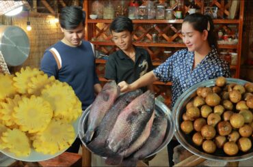 Happy time cooking - Fish grilling with tamarind sauce - Pineapple eating spicy chili salt - Yummy