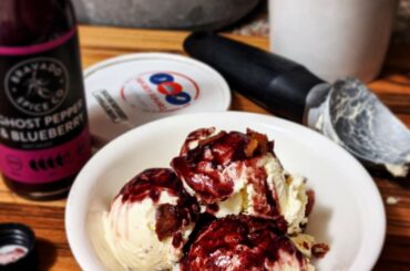 homemade vanilla ice cream w/blueberry hot sauce