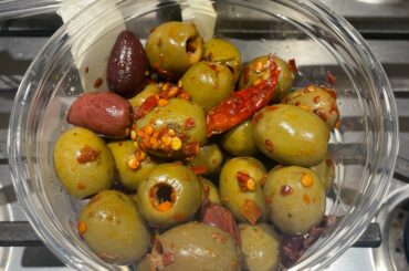 Spicy Olives from Whole Foods. Very light heat with amazing flavor.