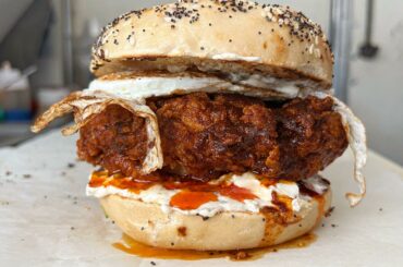 Hot chicken bagel. Nashville hot chicken, dill pickle schmear, egg.