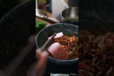 Chili Oil Garlic Noodle with Spam and Eggs