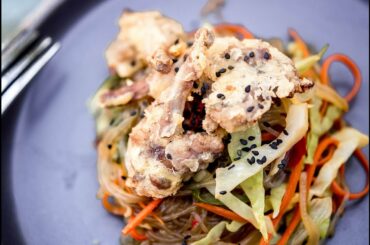 Fried Quail and Chili Scallion Sweet Potato Noodles