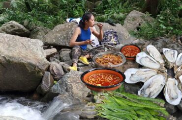 Beautiful waterfall, many big trees -  Amazing Big oyster with Hot chili sauce  And fresh vegetables