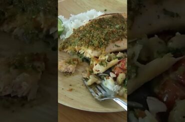 Chili Herb Crusted Rainbow Trout with Cannellini Beans, Spinach, Mushrooms, and Tomatoes