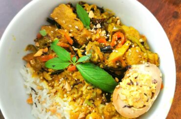 Thai green curry, a deviled soy marinated egg, and rice to soak it all in.