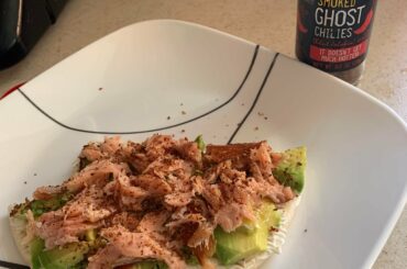 TJ’s crushed ghost pepper, smoked salmon, avocado, & cream cheese on pita. The crushed peppers KICK! Worth every penny of $5 spent