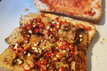 tofu grilled with cayenne and tabasco, chili puree, dried habanero+carolina reaper and fresh bird's eye. (wasn't strong enough so I added some Crazy B sauce : carolina R & blueberry)