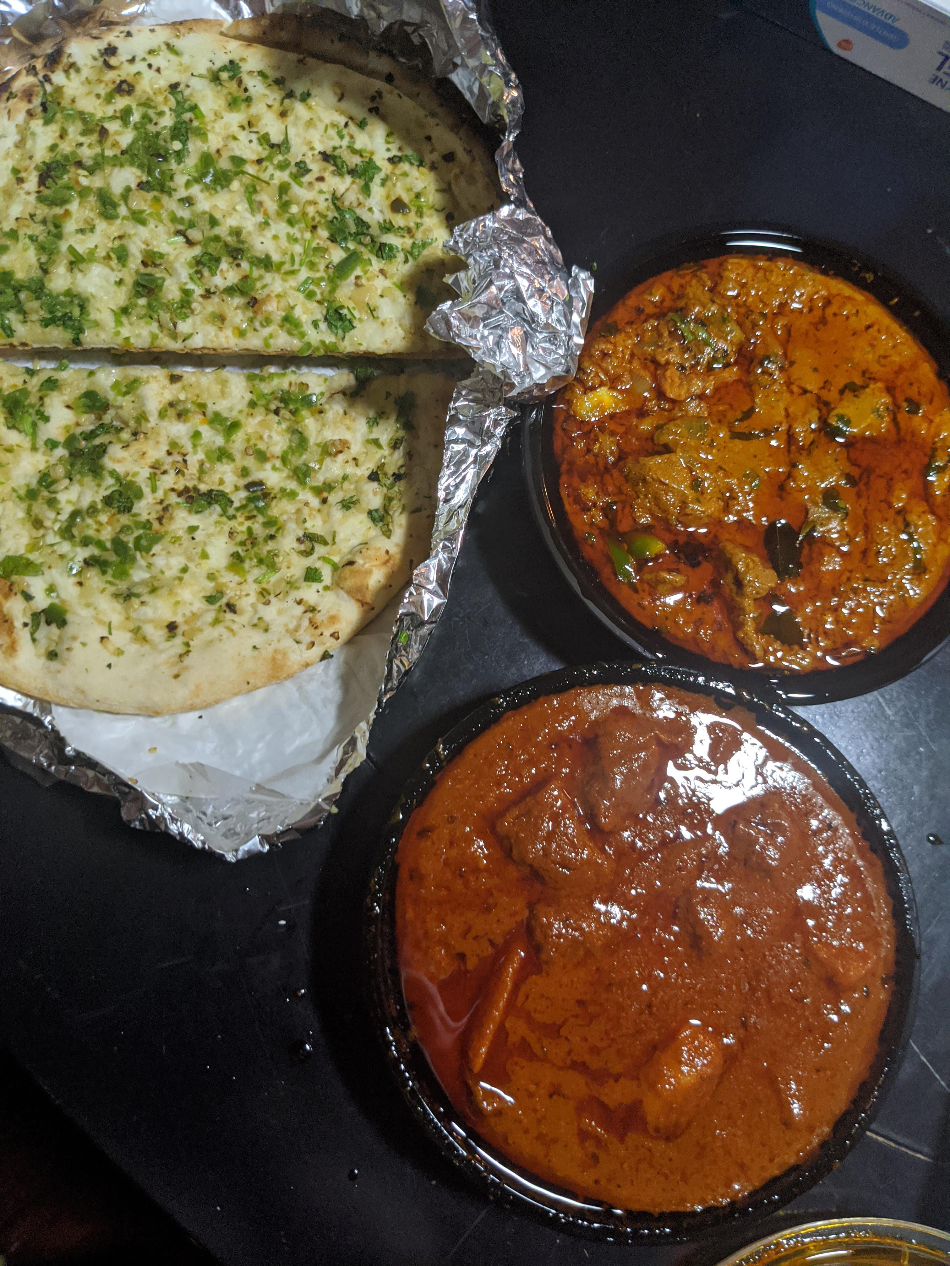 Lamb vindaloo, lamb madras, and garlic chili naan Chili Chili