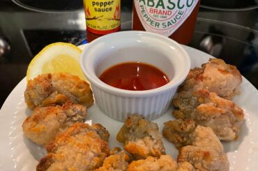 Fried oysters with Fire Stick sauce. Trying this sauce for the first time. Very tasty! I still like Tabasco with oysters.
