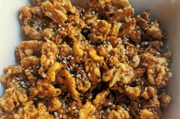 Garlic reaper candied walnuts