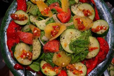 Spinach + Cucumbers + Tomatoes + Roasted Long Hots + Plum + Maple Vinegarette Dressing + Super Hot Cherry Pepper Honey Sauce = Ring Of Fire Salad.