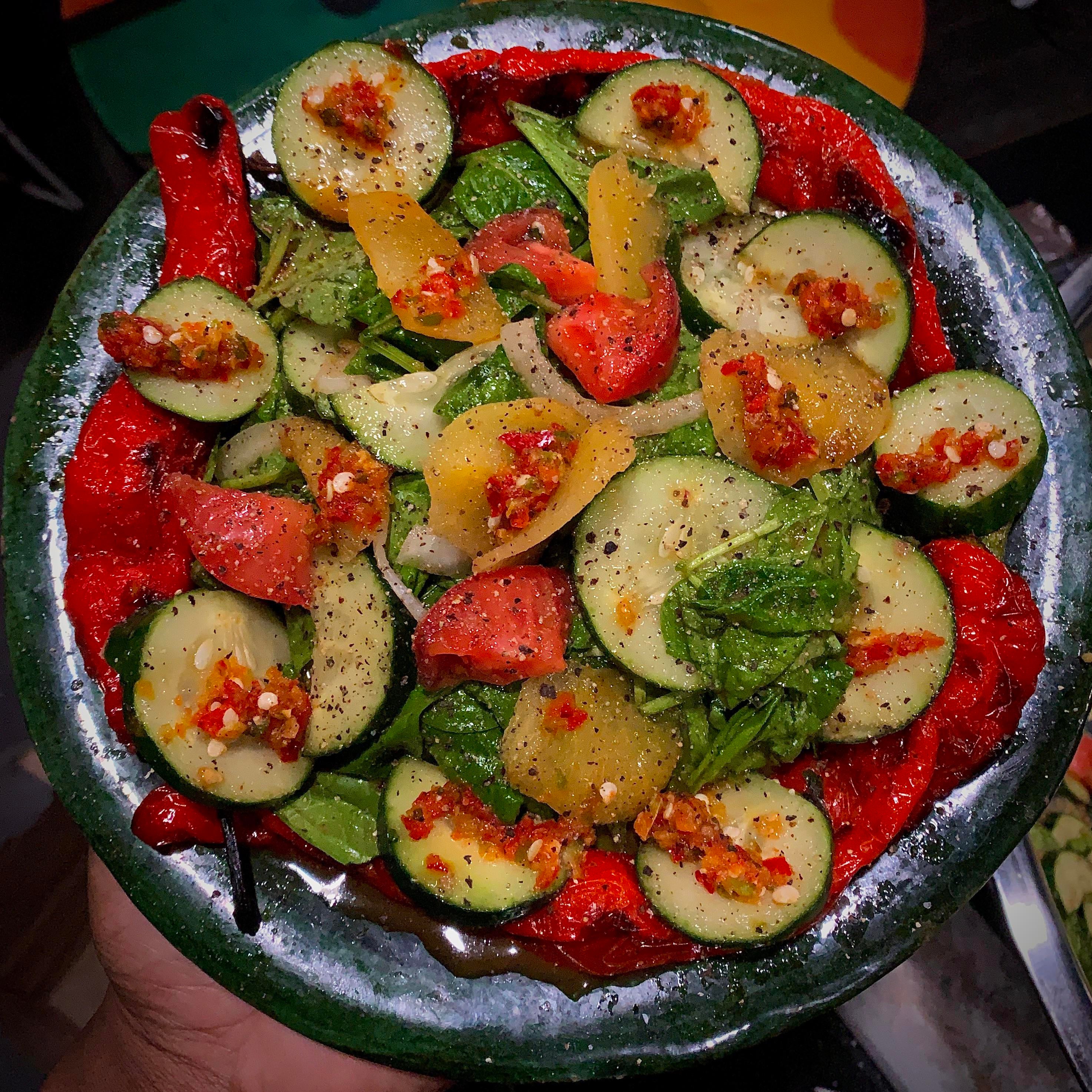 Spinach + Cucumbers + Tomatoes + Roasted Long Hots + Plum + Maple