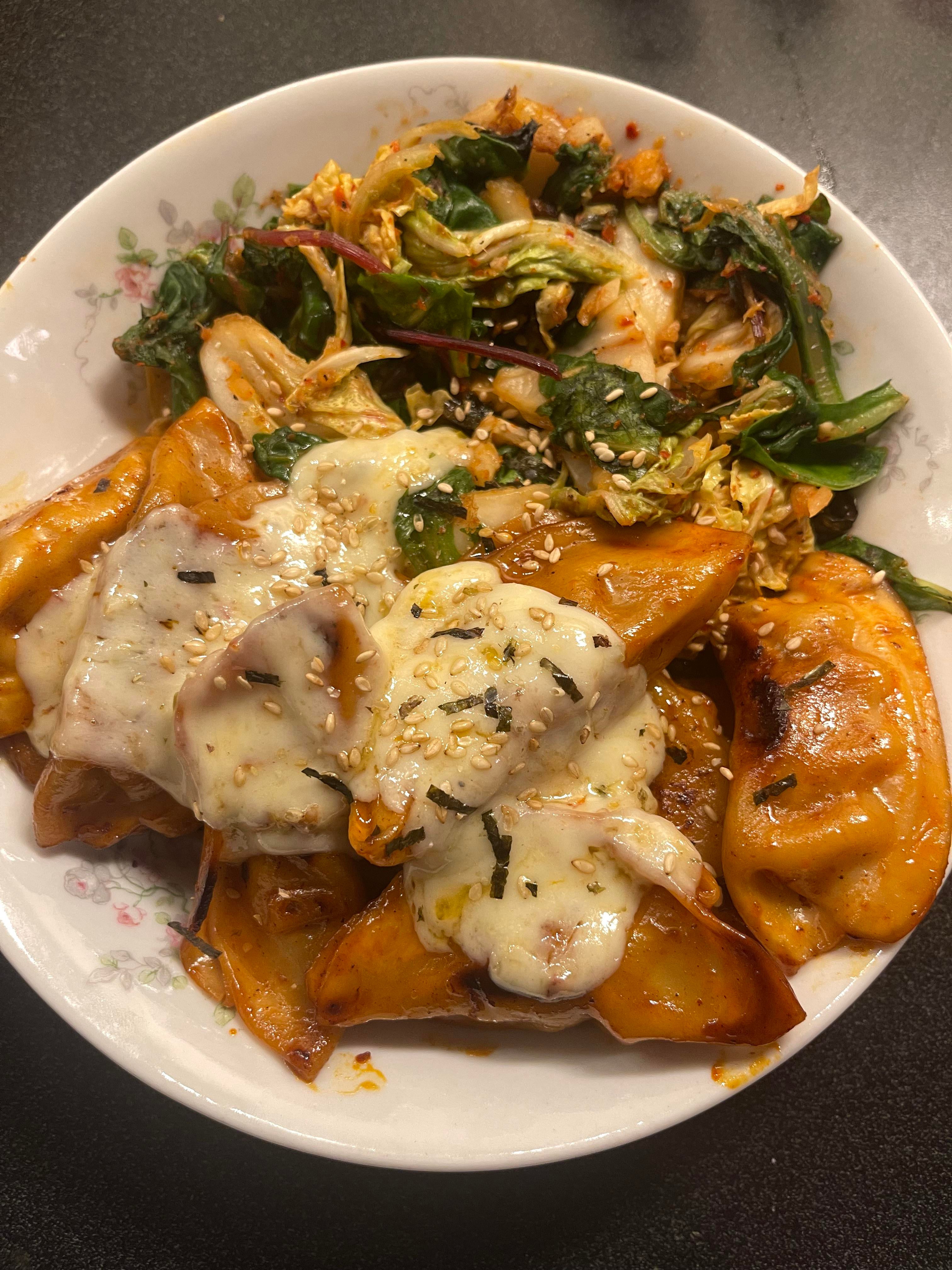Dumplings in Samyang 2x Spicy Sauce with Kimchi/Greens and Melted Ghost
