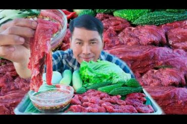 Amazing Eating Beef Raw With Super Hot Chili Sauce Recipe | Beef Raw Very Delicious