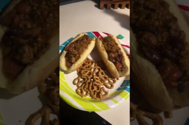 Reheating up some leftover chili with Nathan’s hotdogs