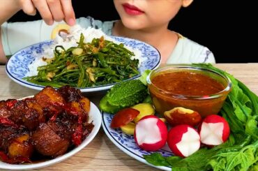MUKBANG EATING|| BRAISED PORK BELLY, SPICY FISH PASTE ,STIR FRIED WATER SPINACH  LEAVES * RECIPE *