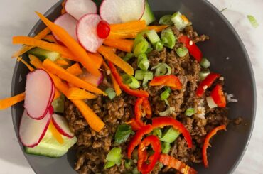 Firecracker beef with Carolina reaper and habanero sauce, and a simple salad.