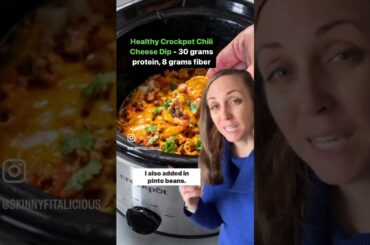 Healthy Crockpot Chili Cheese Dip #appetizer #cheesedip #crockpotrecipes #lowcalorie #slowcooker