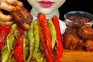 MUKBANG EATING||SPICY FRIED CHILI WITH THAI MACKEREL FISH, SPICY PORK BELLY