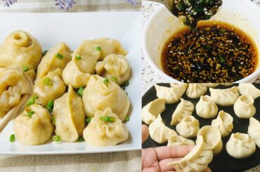How to make steamed chicken momos | Easy 5 momos shape,Chili oil,momos sauce and filling recipe