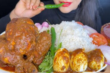 ASMR EATING SPICY WHOLE CHICKEN CURRY,EGG CURRY,BASMATHI RICE,GREEN CHILLI *FOOD VIDEOS*