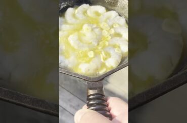 Hatch chili smoked shrimp skillet on the #biggreenegg #seafood #shrimp