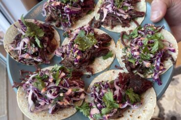 Smoked Salsa Verde atop Smoked Barbacoa Tacos!