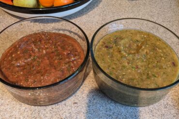 had a bunch of red and green tomatoes. roasted them up for two nice salsas!