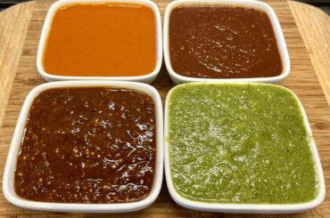 4 homemade salsas. Salsa?, Salsa Roja, Salsa Morita and Salsa Verde.
