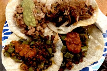 Chorizo con nopales, carnitas, and frijoles con chichron tacos for lunch