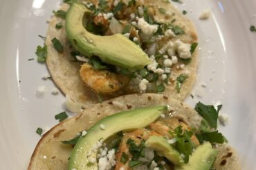 Shrimp and salsa verde tacos with homemade Sonoran style tortillas