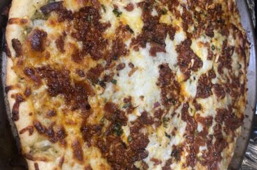 Mexican food hmmm? Chile verde sauce chorizo bacon pizza