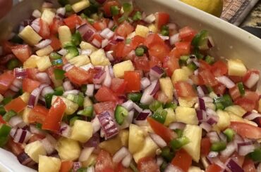 Pineapple salsa on fish tacos