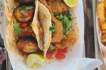 Blackened scallop and fried fish tacos.