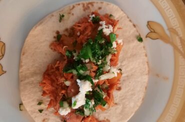 Chicken al pastor with flour tortillas and salsa roja. Not traditional but very delicious still, especially for the time and effort put in. Link for recipe in the comments