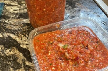 I couldn’t make it the same way again. Veggies and cilantro from the garden, ground cumin, brown sugar and garlic whipped up in the food processor. This is delicious. I tend to like it a bit chunkier, but this will do.