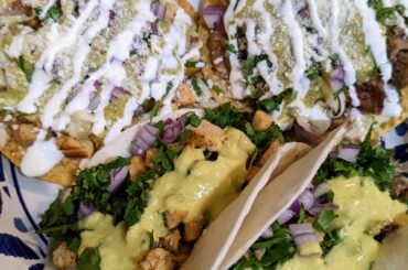 Tacos and tostadas. Serious Eats carnitas and homemade pollo asado