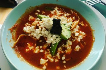 Sopa azteca (I made the soup, my girlfriend the deep fried tortillas from scratch)