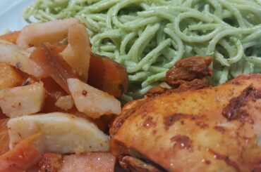 Mom made pollo en achiote w/ green spaghetti