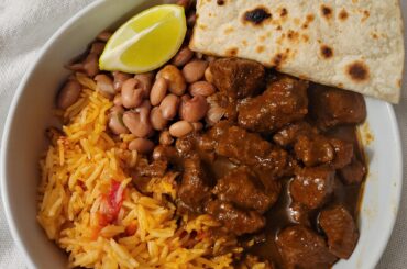 All homemade - chile colorado with rice and pinto beans
