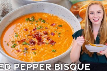 Creamy & Smoky Roasted Red Pepper Bisque Recipe | with bacon & parmesan cheese!