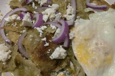 This may not look so great but my wife and my mother in law (over 80) made some great Chilaquiles Verdes for breakfast. All fresh from scratch and with stuff out of the garden in Oaxaca.