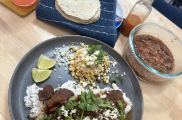 Braised beef, esquites, salsa and tortillas
