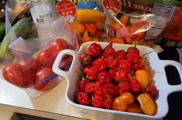 Getting further into my hobby of peppers, I even ate a fresh grown reaper this year. This is what I used to make my first fermentation pepper mash! Tomatoes and sweet peppers did not do well this season, so I just got some from the grocery store.
