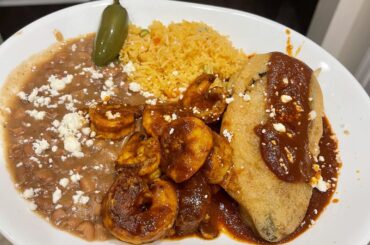 Shrimp Diablo with Oaxaca stuffed Chili relleno.